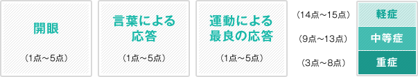 開眼（1点～5点）,言葉による応答（1点～5点）,運動による最良の応答（1点～5点）,軽症（14点～15点）中等症（9点～13点）重症（3点～8点）