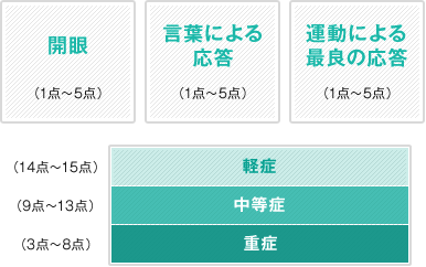 開眼（1点～5点）,言葉による応答（1点～5点）,運動による最良の応答（1点～5点）,軽症（14点～15点）中等症（9点～13点）重症（3点～8点）